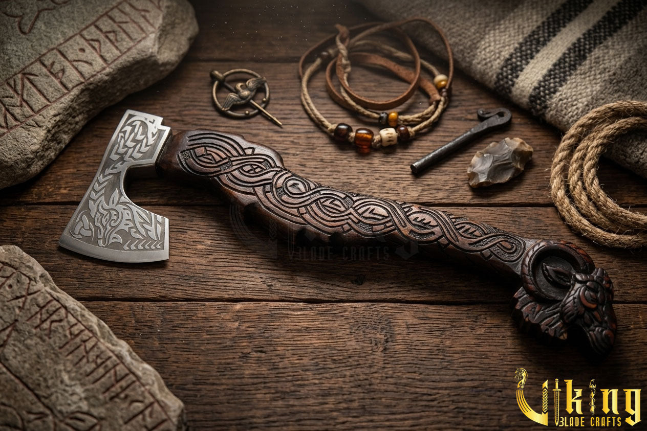 geit handle axe with custom hand carving and forged steel head