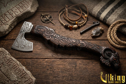geit handle axe with custom hand carving and forged steel head