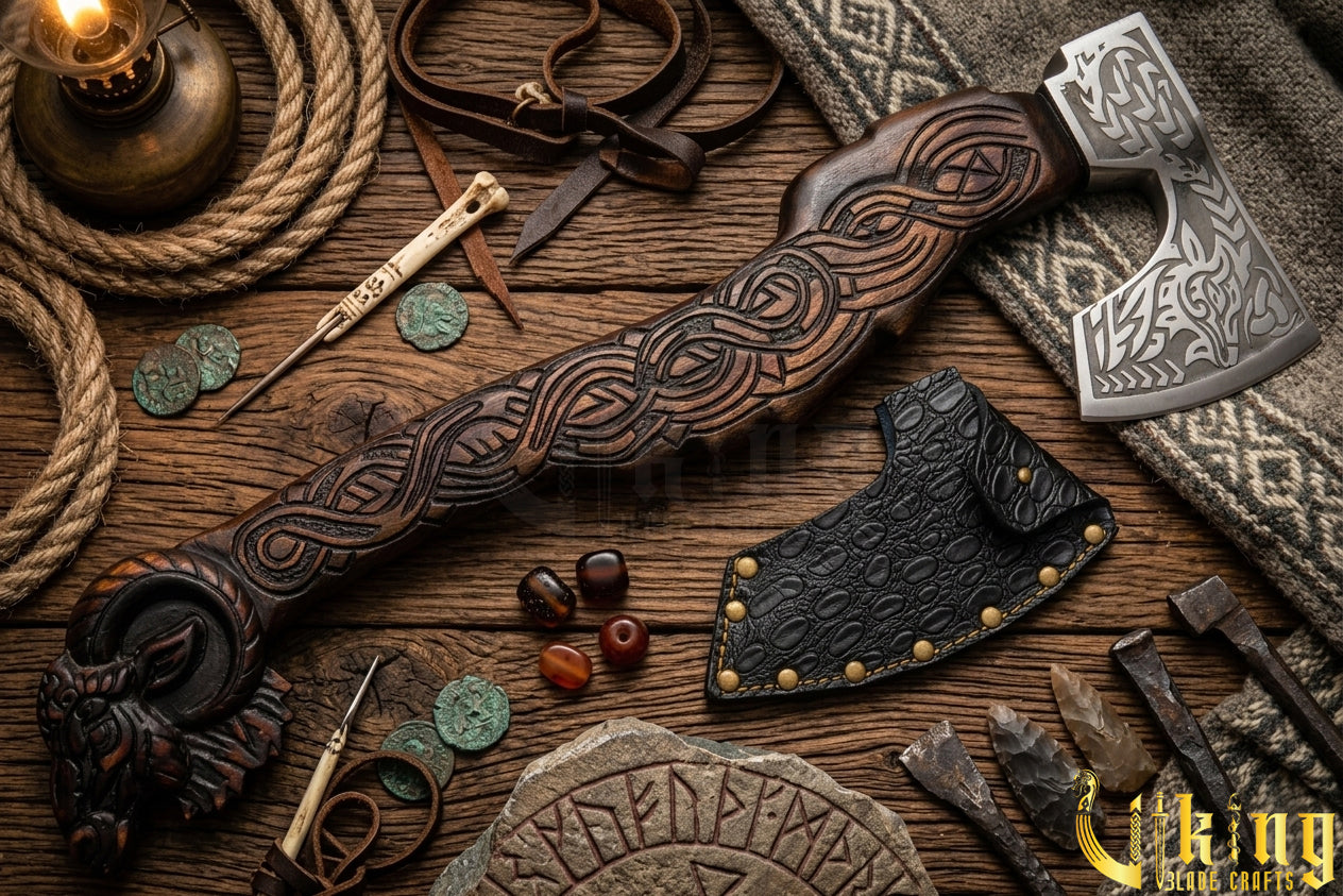 handcrafted Viking goat axe with detailed wood carving
