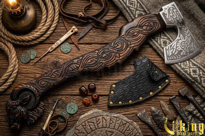 handcrafted Viking goat axe with detailed wood carving