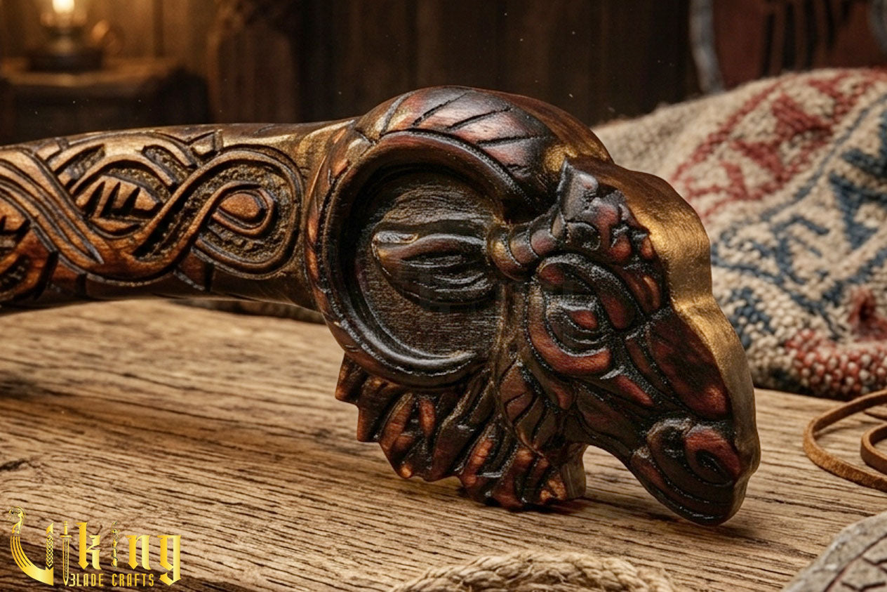 Viking axe with carved goat design and rosewood handle