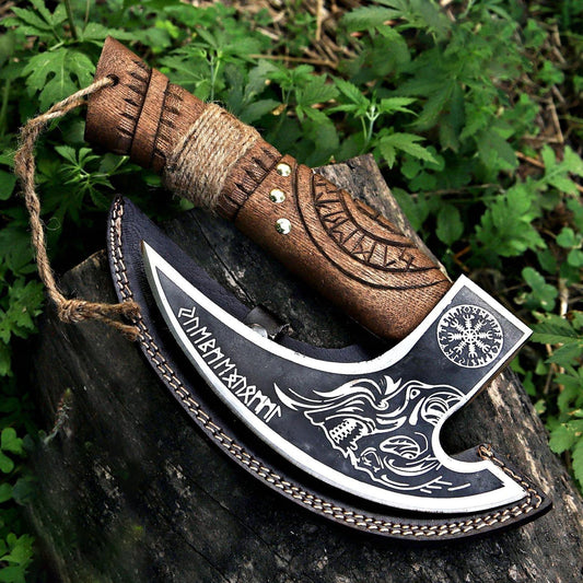 Skull with Helm of Awe & Runes Viking Pizza Axe with Thor Carved Handle