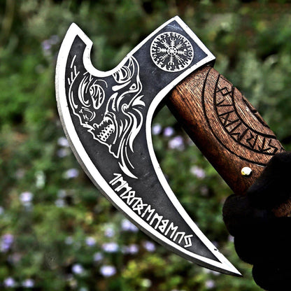 Skull with Helm of Awe & Runes Viking Pizza Axe with Thor Carved Handle