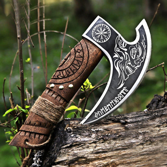 Skull with Helm of Awe & Runes Viking Pizza Axe with Thor Carved Handle
