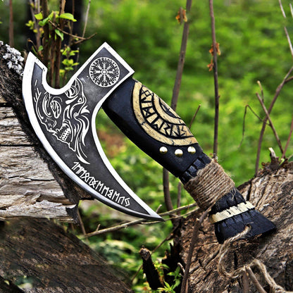 Thor with Viking Runes Carved Handle Pizza Axe with Leather Sheath