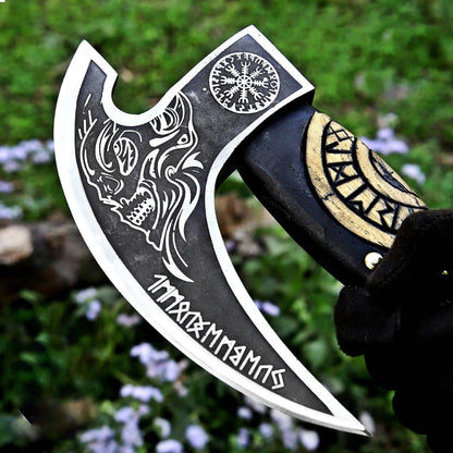Thor with Viking Runes Carved Handle Pizza Axe with Leather Sheath