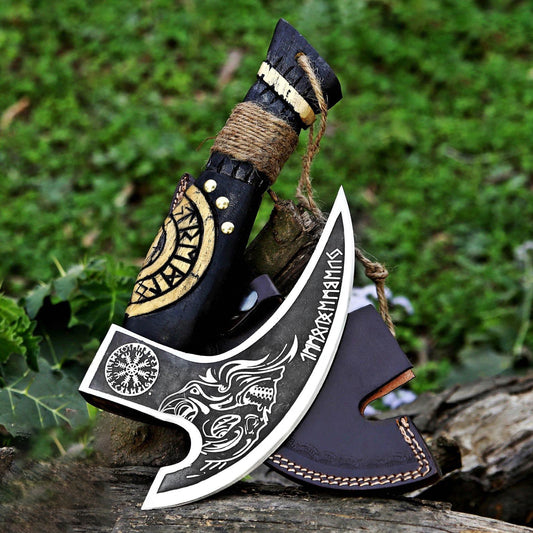 Thor with Viking Runes Carved Handle Pizza Axe with Leather Sheath