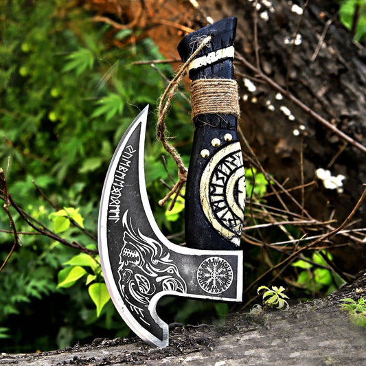 Thor with Viking Runes Carved Handle Pizza Axe with Leather Sheath