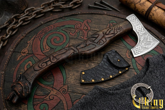 The Fenrir Viking Axe | Wolf Head Carving | Hand-Forged Carbon Steel | Wooden Gift Box