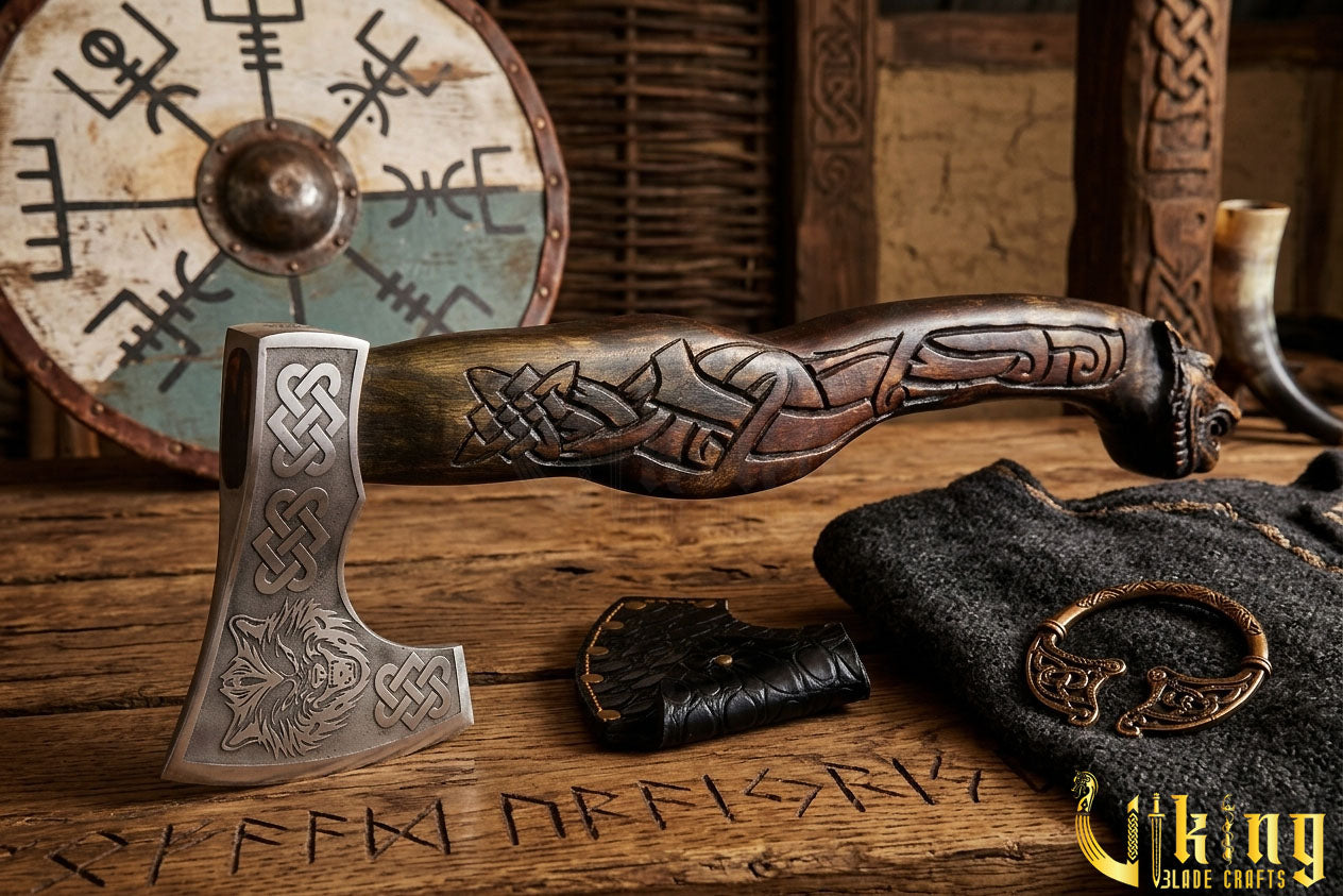 handcrafted Viking axe with detailed wolf head carving