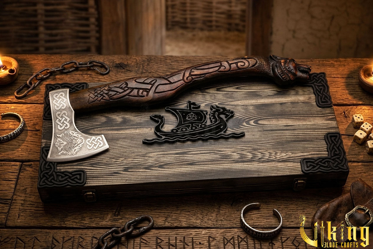 artisan Viking axe with carved wood wolf handle