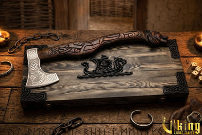 artisan Viking axe with carved wood wolf handle