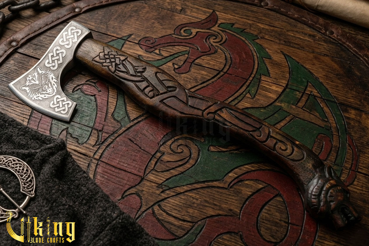Viking axe with rosewood wolf head handle carving