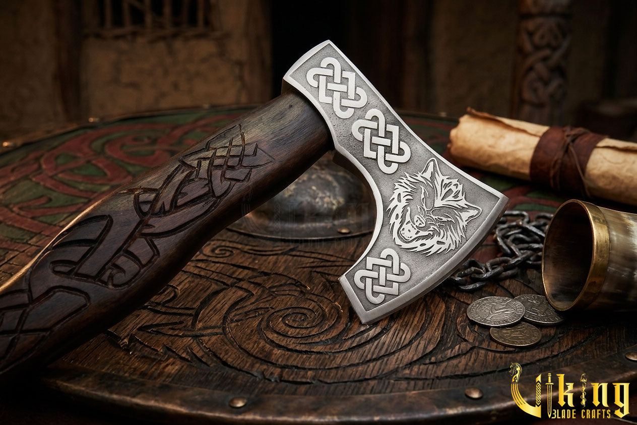 artisan Viking axe with carved wood wolf handle