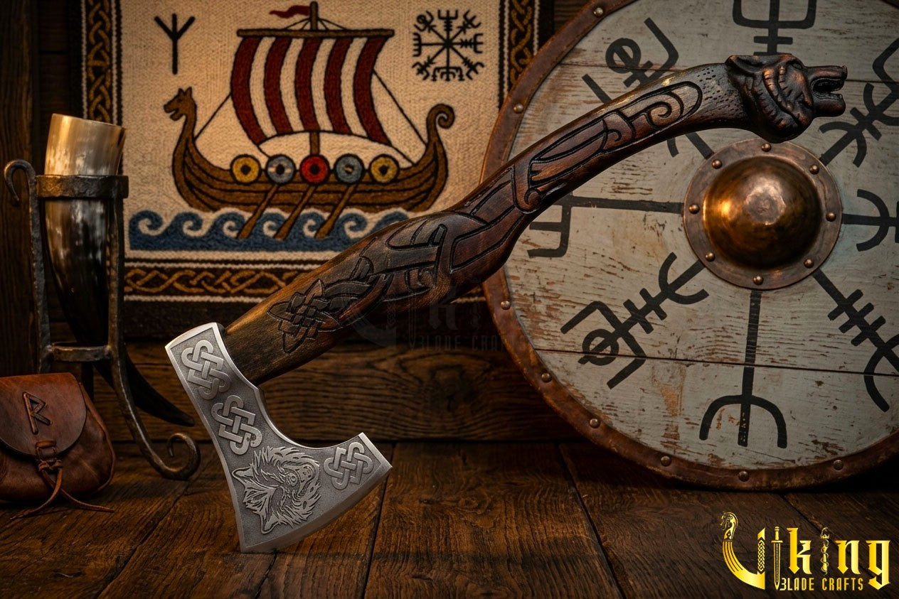 artisan Viking axe with carved wood wolf handle