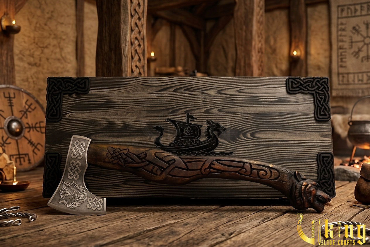 handcrafted Viking axe with detailed wolf head carving