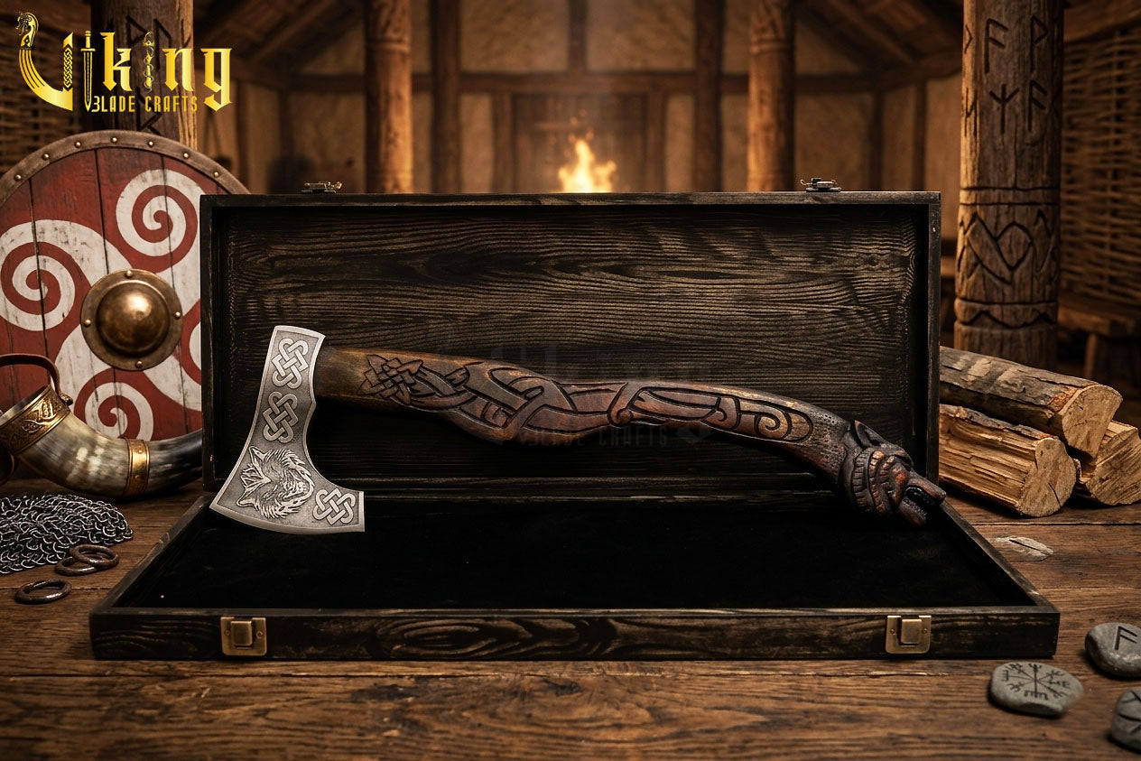 forged steel axe with custom hand carved wolf design