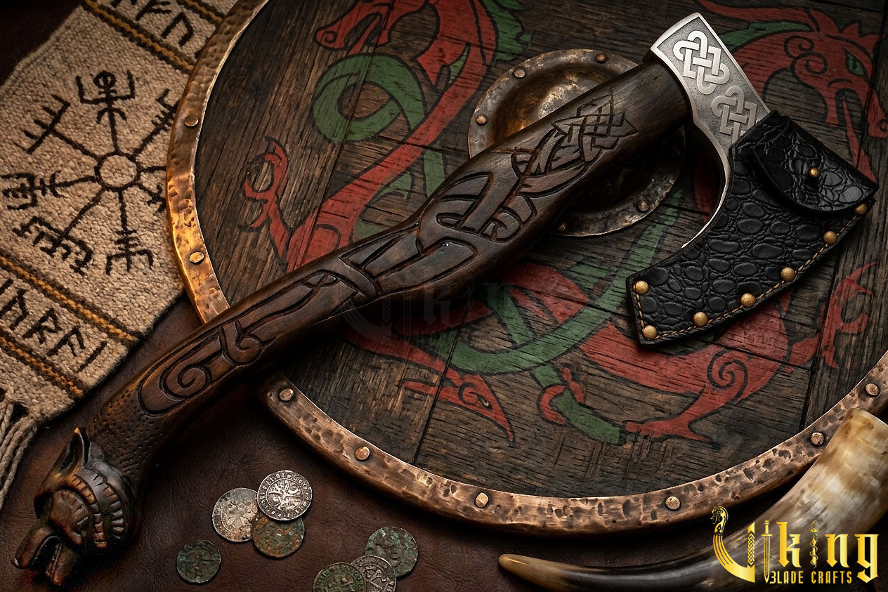 Viking axe with rosewood wolf head handle carving