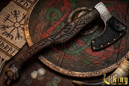 Viking axe with rosewood wolf head handle carving