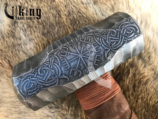 Vegvisir Viking Hammer – Hand Carved Hammer with Norse Compass Symbol