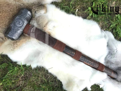 Viking Wolf Hammer – 35" Metal Engraved Long Handle War Tool Replica