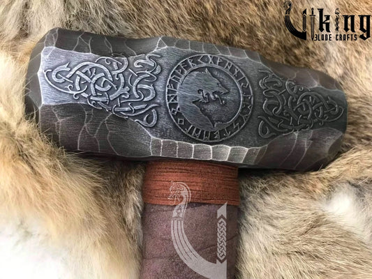 Viking Wolf Hammer – 35" Metal Engraved Long Handle War Tool Replica