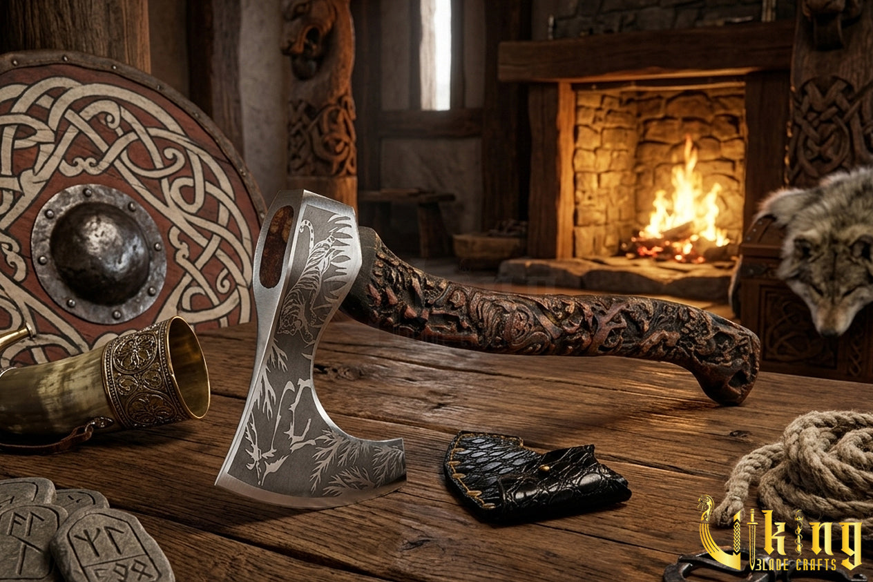 custom wildlife Viking axe with rosewood handle