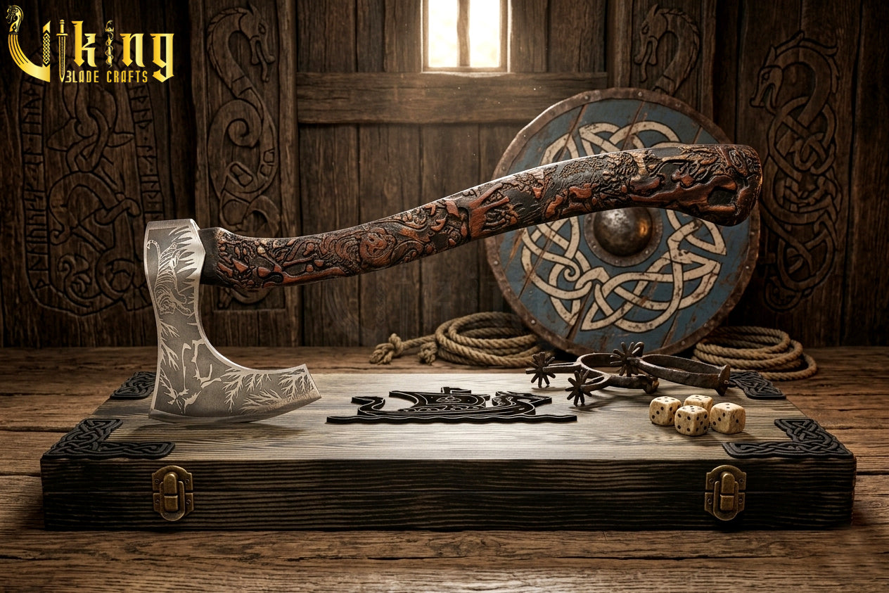 animal themed Viking axe with detailed wood carving