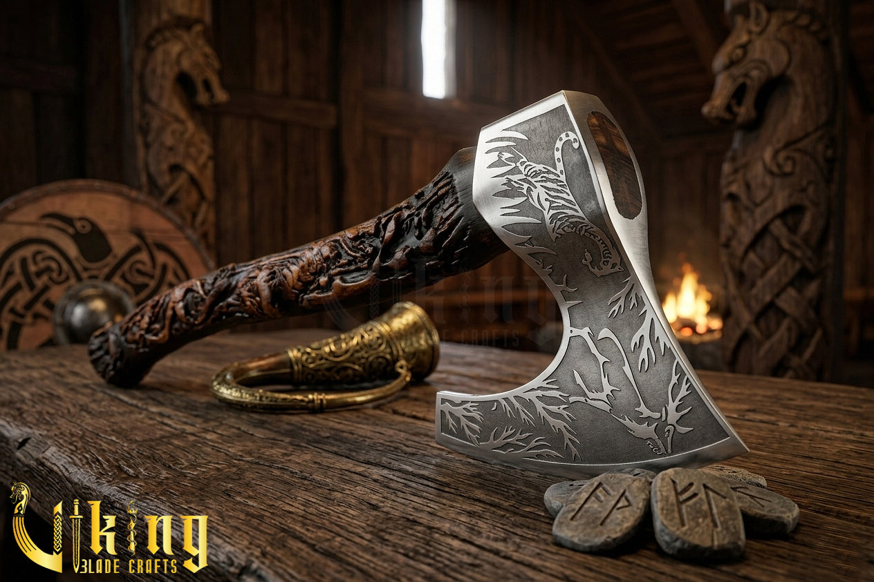 handcrafted Viking axe inspired by nature and forest themes