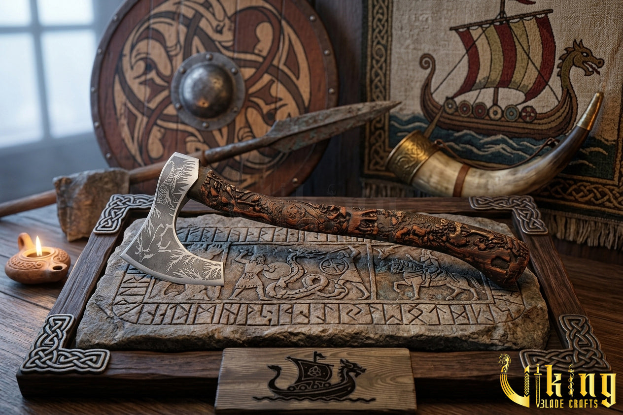 animal themed Viking axe with detailed wood carving