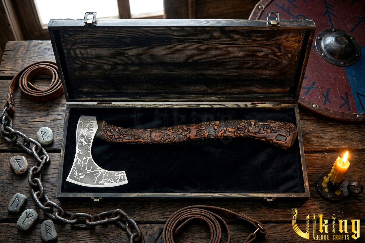 artisan Viking axe with natural carving and leather sheath