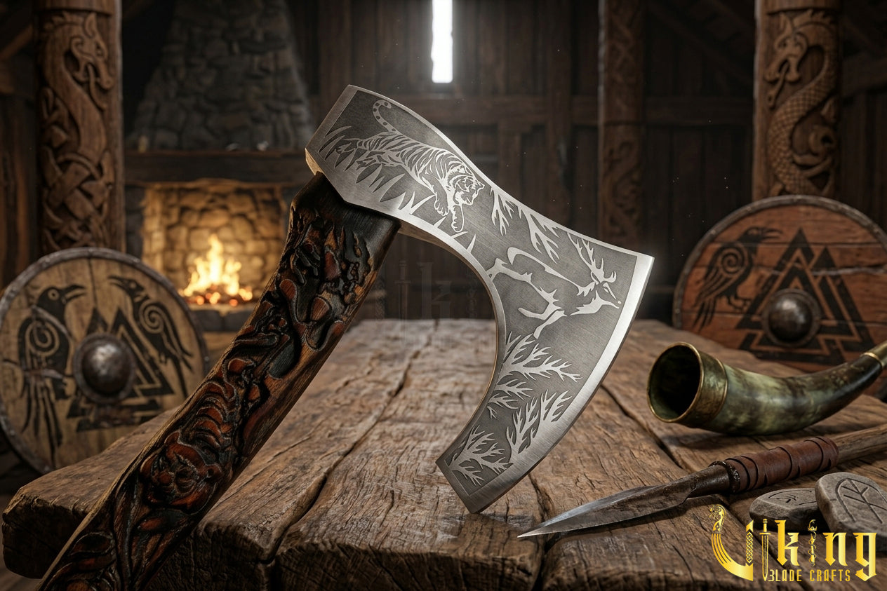 nature inspired Viking axe with carved wooden handle