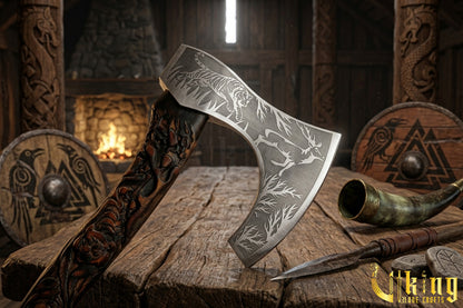 nature inspired Viking axe with carved wooden handle