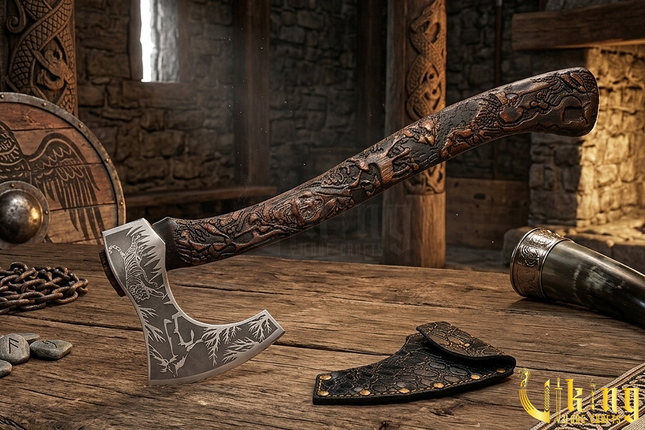 hand carved wildlife axe with forged steel blade