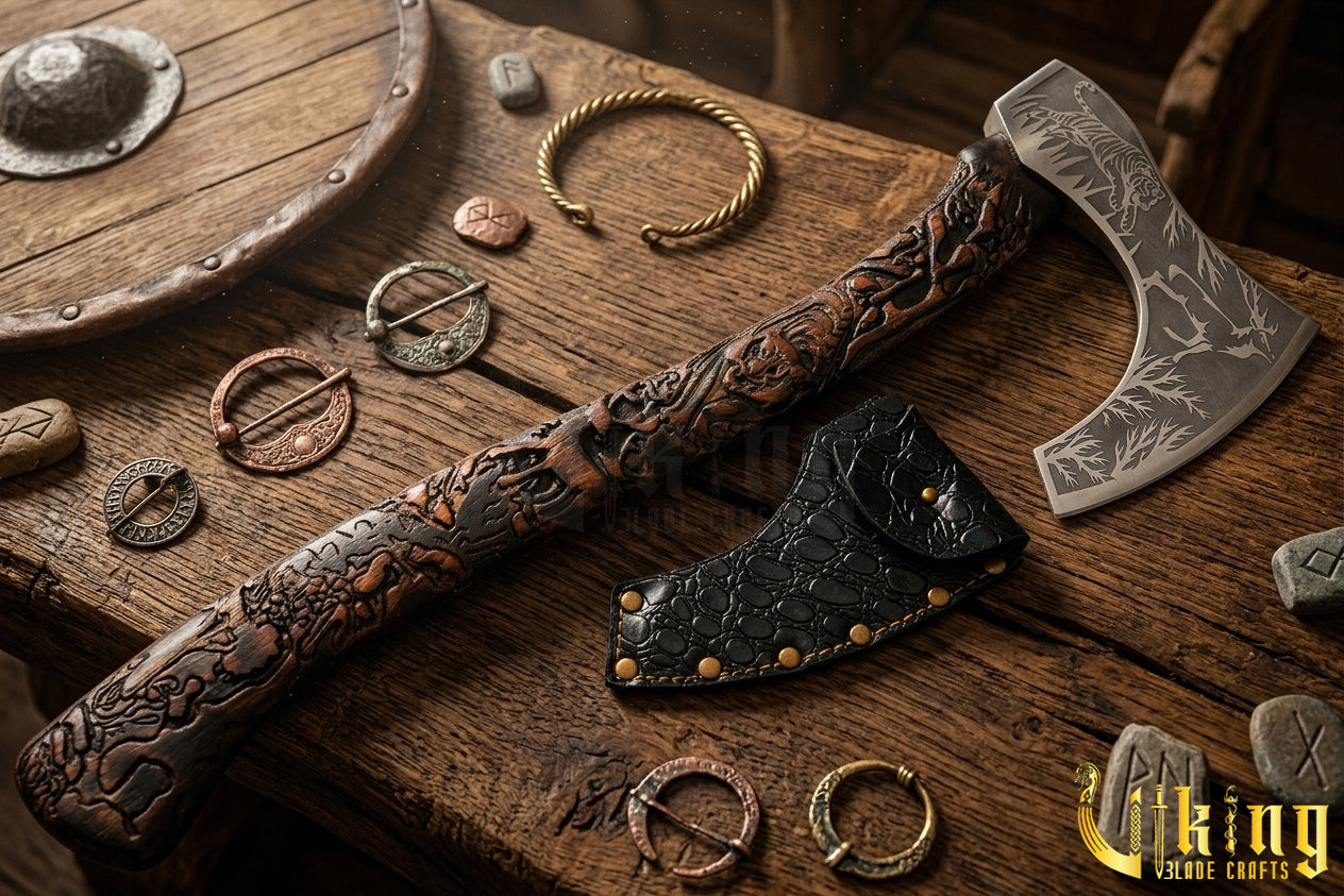 artisan Viking axe with natural carving and leather sheath