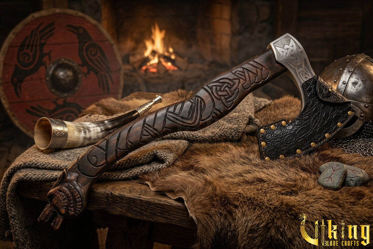 Norse Fenrir axe with custom carved wooden handle | Wooden Gift Box