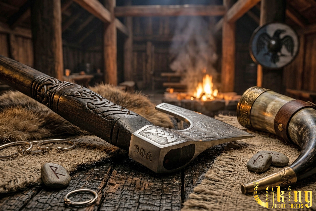 forged steel Viking axe with detailed wolf carving