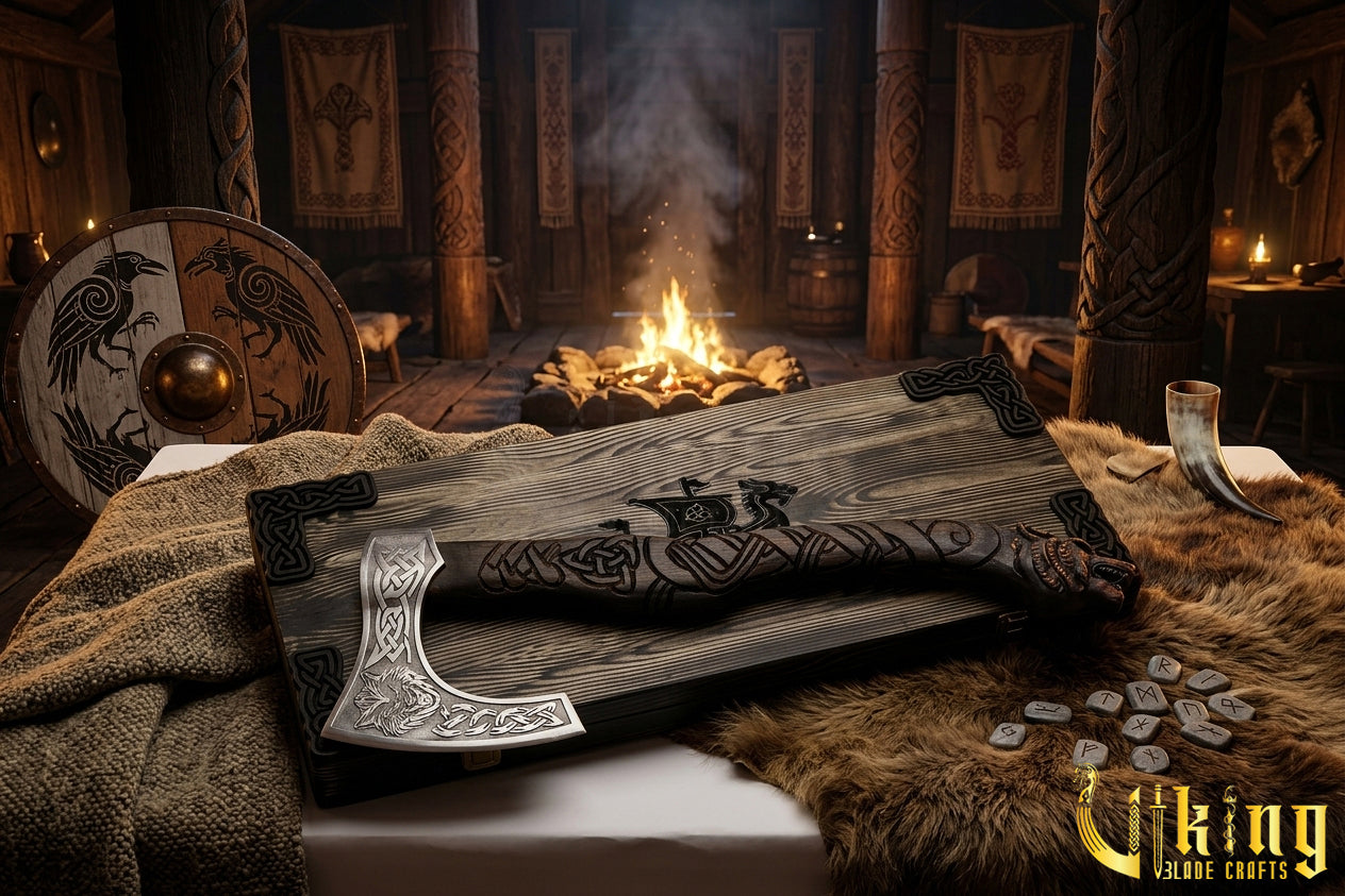 hand carved wolf handle Viking axe inspired by Fenrir