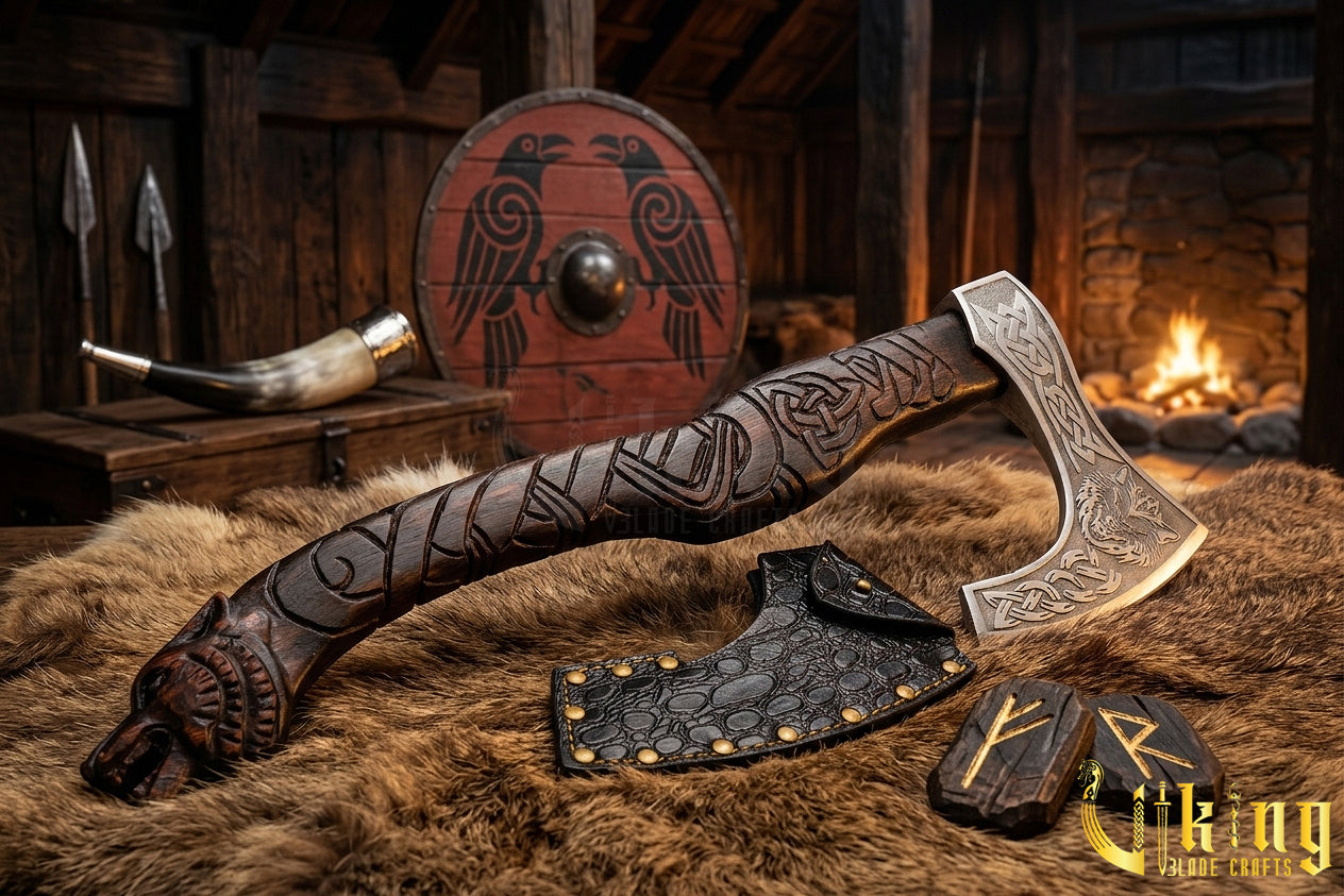 hand carved wolf handle Viking axe inspired by Fenrir