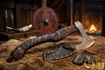 hand carved wolf handle Viking axe inspired by Fenrir