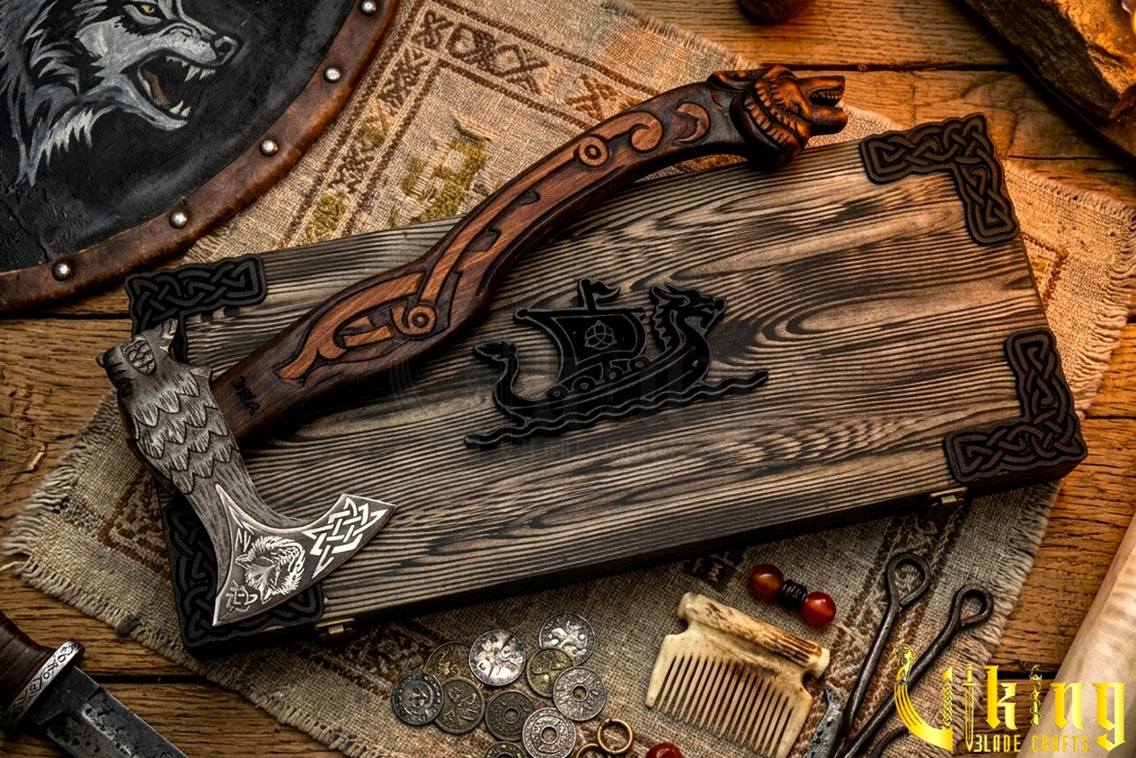 Norse mythology axe with Fenrir wolf carving and steel blade