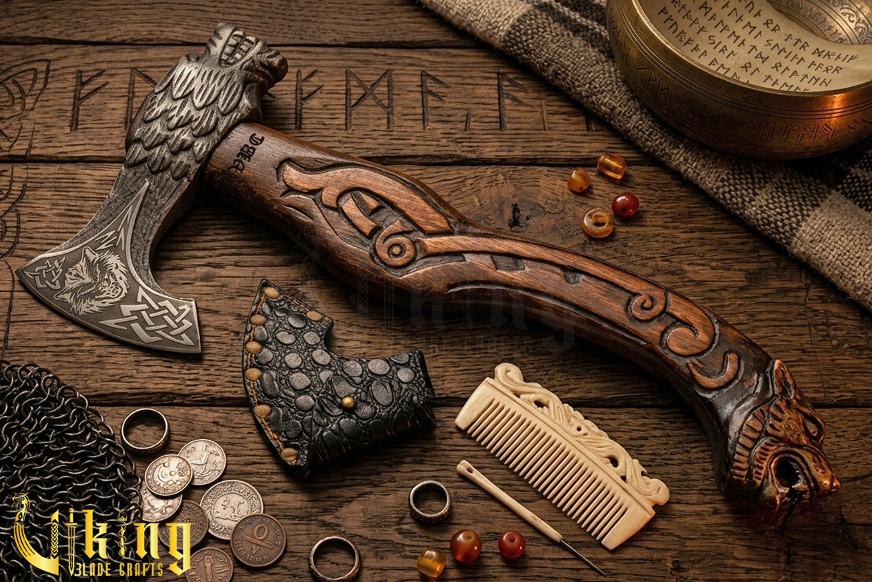 Hand Forged Viking Axe Carved Wolf Handle With Gift Wooden Box
