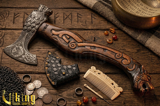 Hand Forged Viking Axe Carved Wolf Handle With Gift Wooden Box