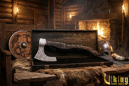 Viking wolf axe with leather sheath and carved grip