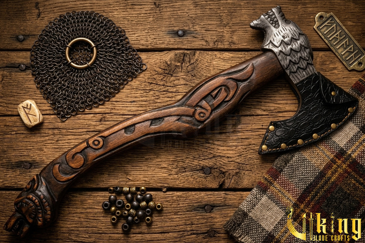Hand Forged Viking Axe Carved Wolf Handle With Gift Wooden Box