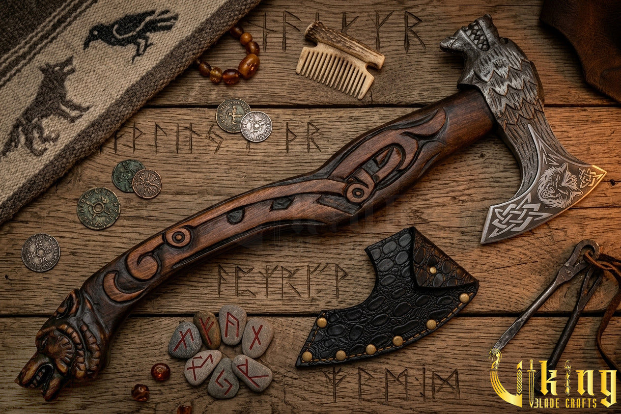 Hand Forged Viking Axe Carved Wolf Handle With Gift Wooden Box