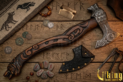 Hand Forged Viking Axe Carved Wolf Handle With Gift Wooden Box