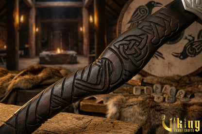 Norse Fenrir axe with custom carved wooden handle