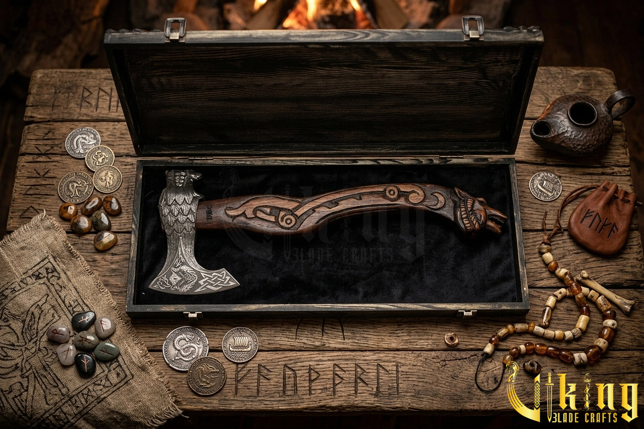 Hand Forged Viking Axe Carved Wolf Handle With Gift Wooden Box