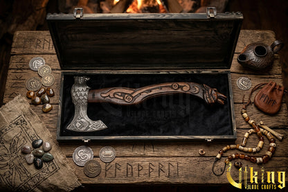 Hand Forged Viking Axe Carved Wolf Handle With Gift Wooden Box